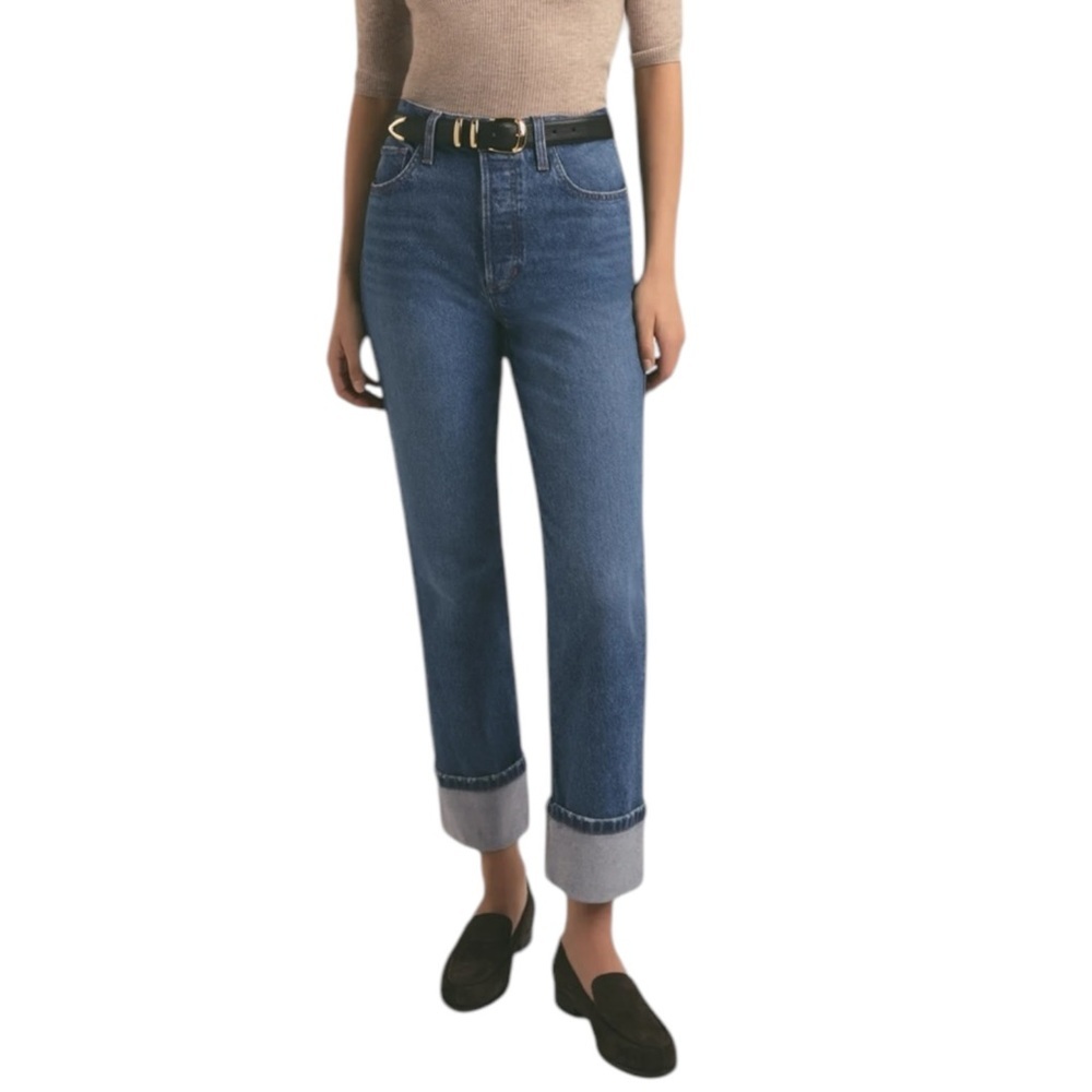 Favorite Daughter Valentina Cuffed Super High Rise Straight Jeans Medium Wash 26